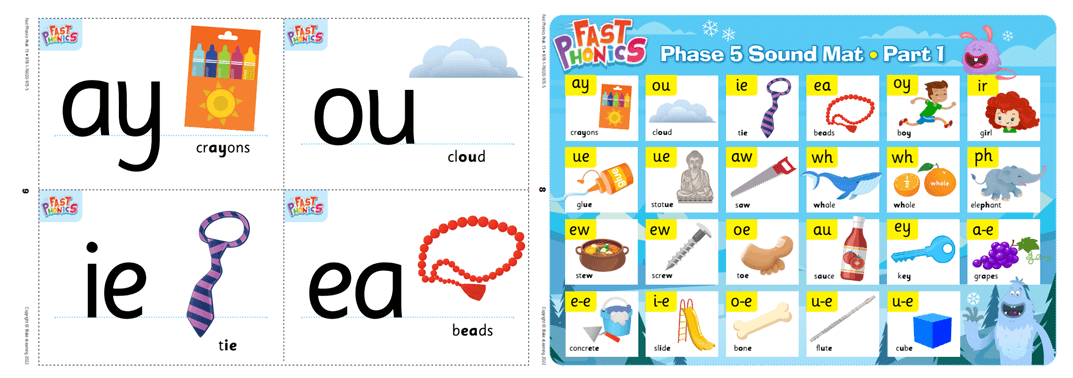 Phonics flashcards for the words ay, ou, ie, and and a soundmat